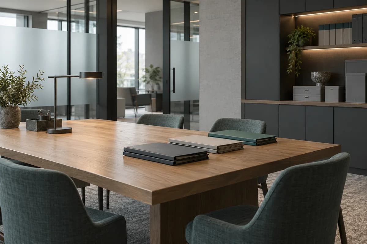 Document review room with closed folders and private glass partitions