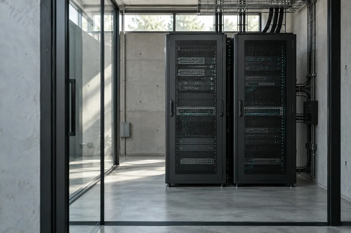 Server racks behind a glass partition in a quiet local infrastructure room