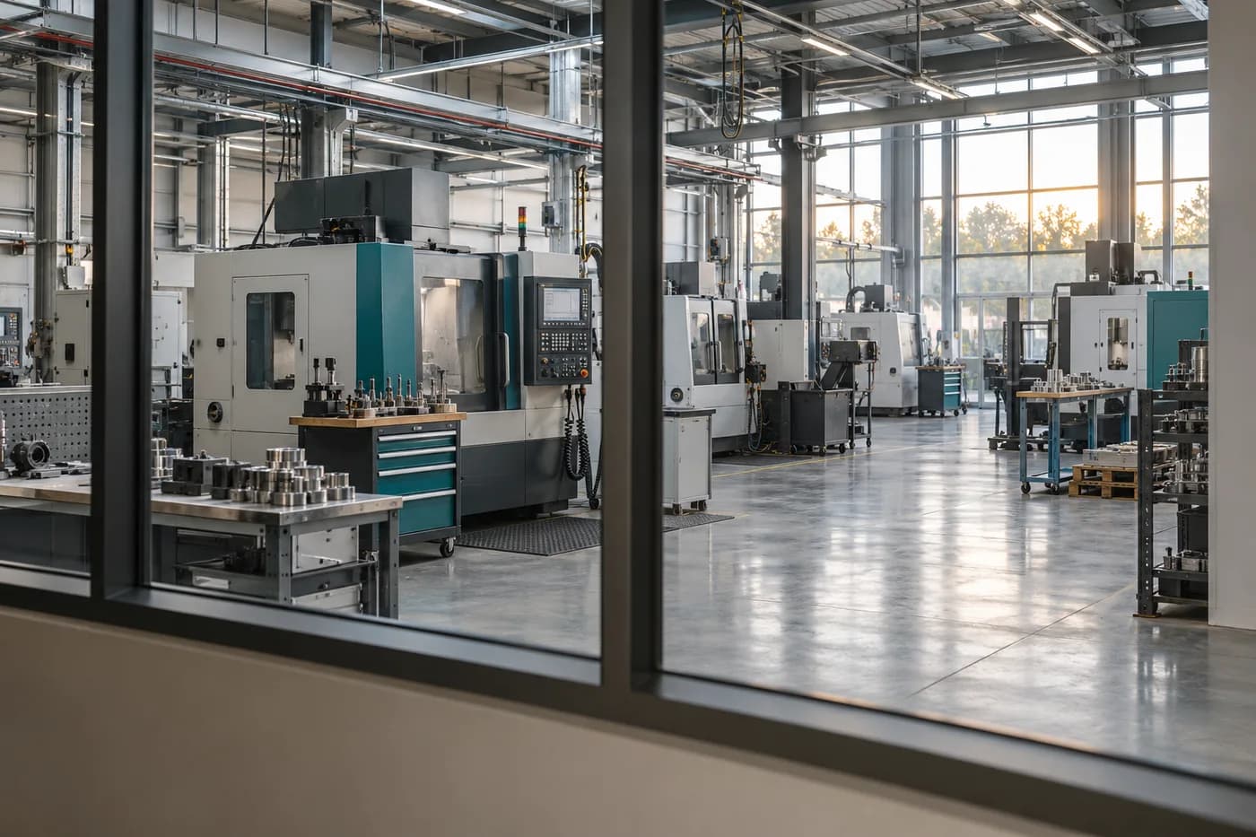 Precision manufacturing equipment seen through an observation window