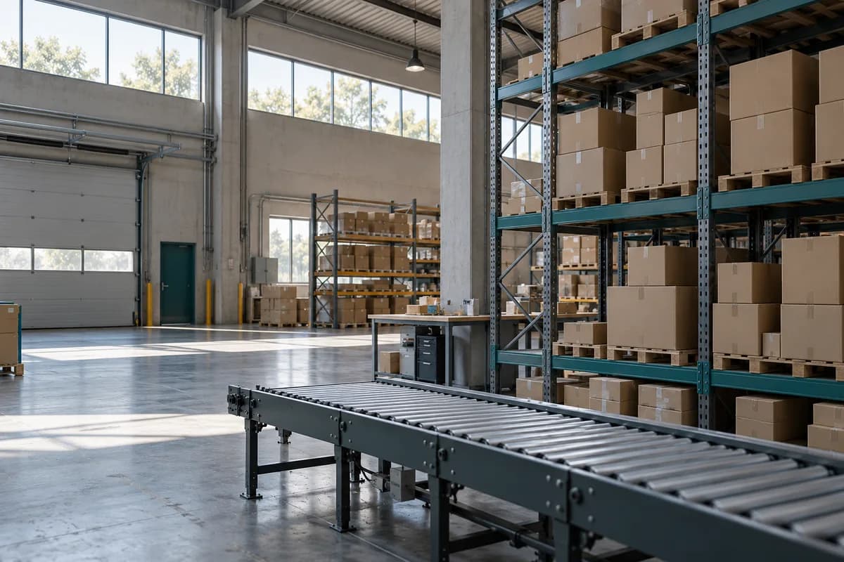 Distribution warehouse with ordered cartons and a roller conveyor