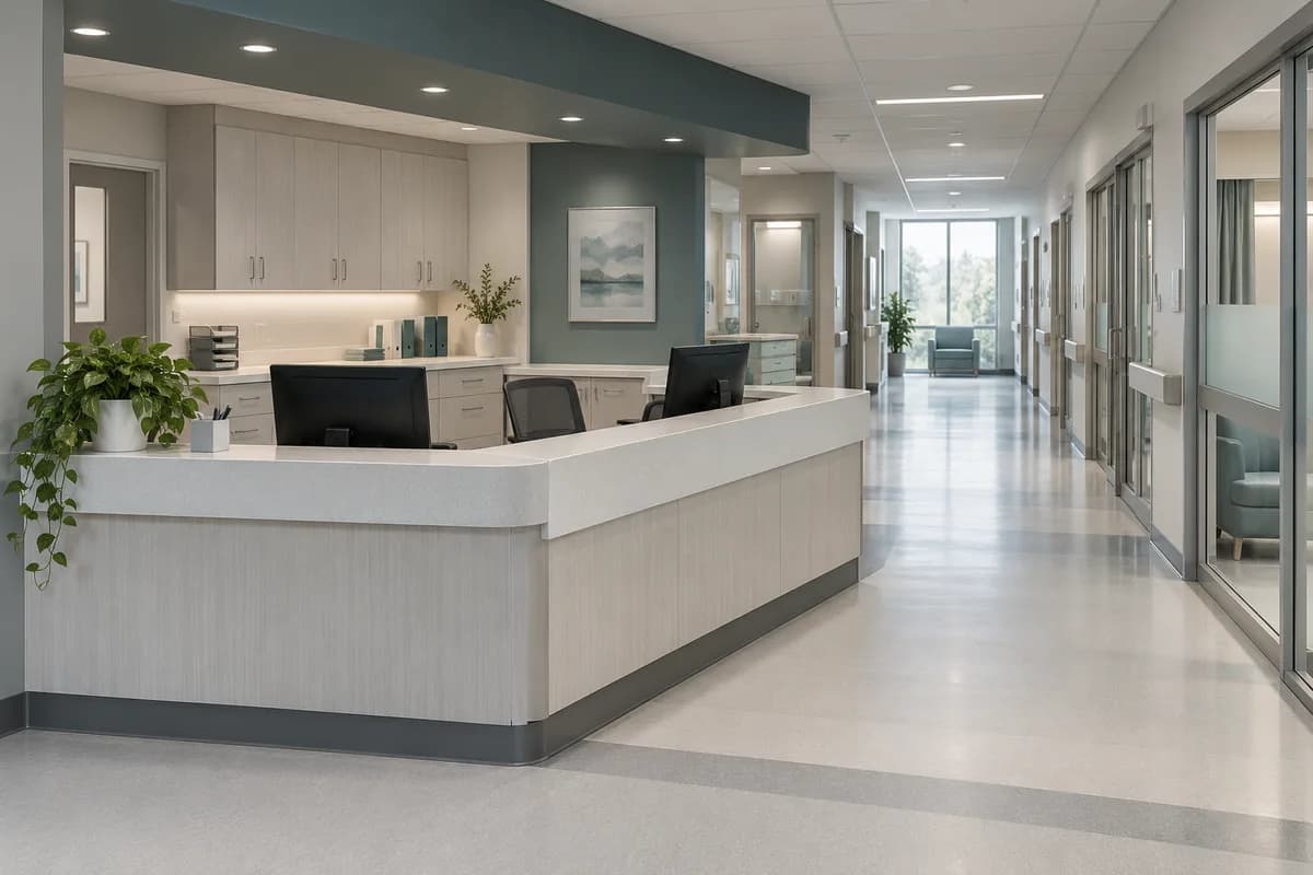 Hospital nurses station beside a bright clinical corridor