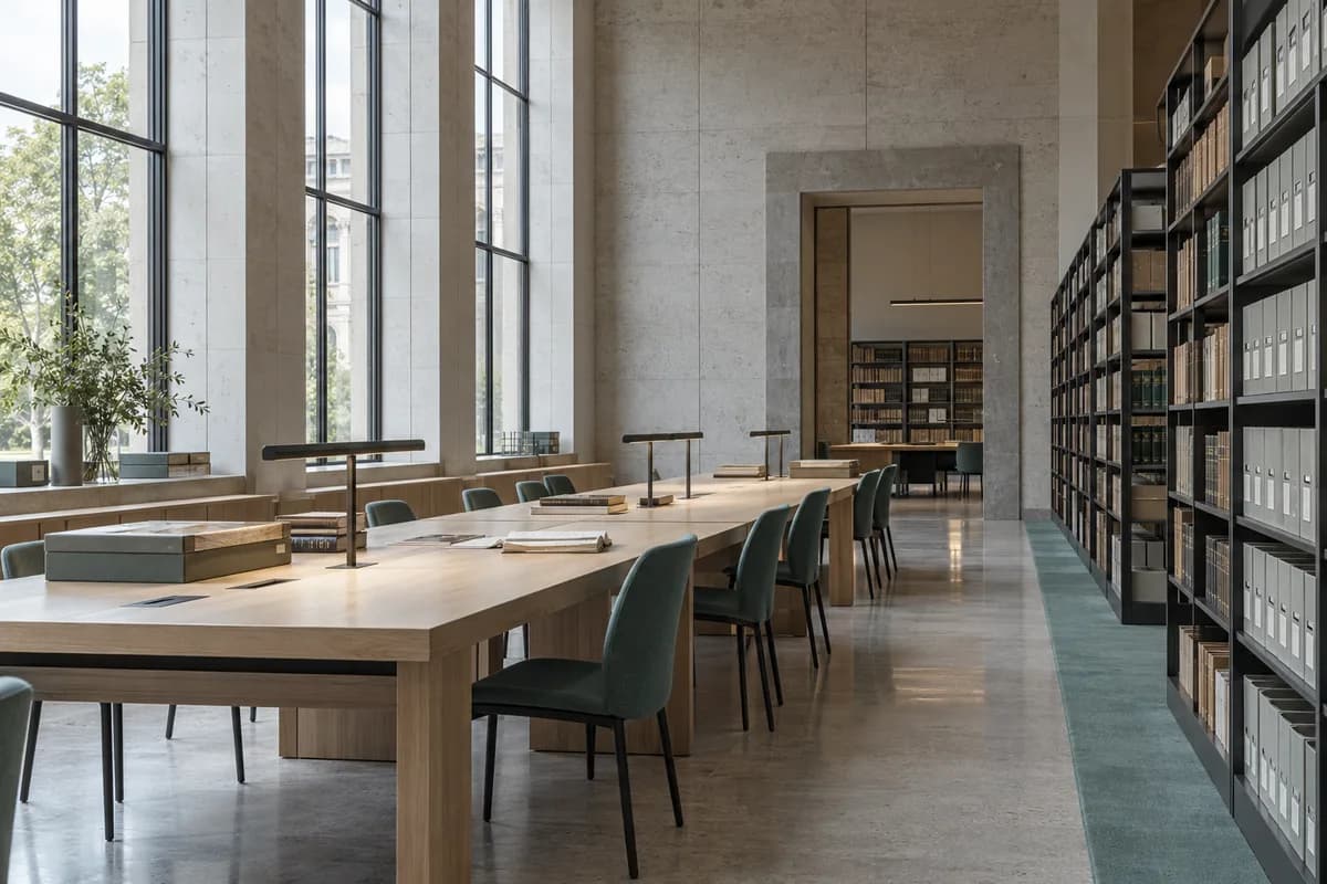 Civic records room with archive shelves and reading desks